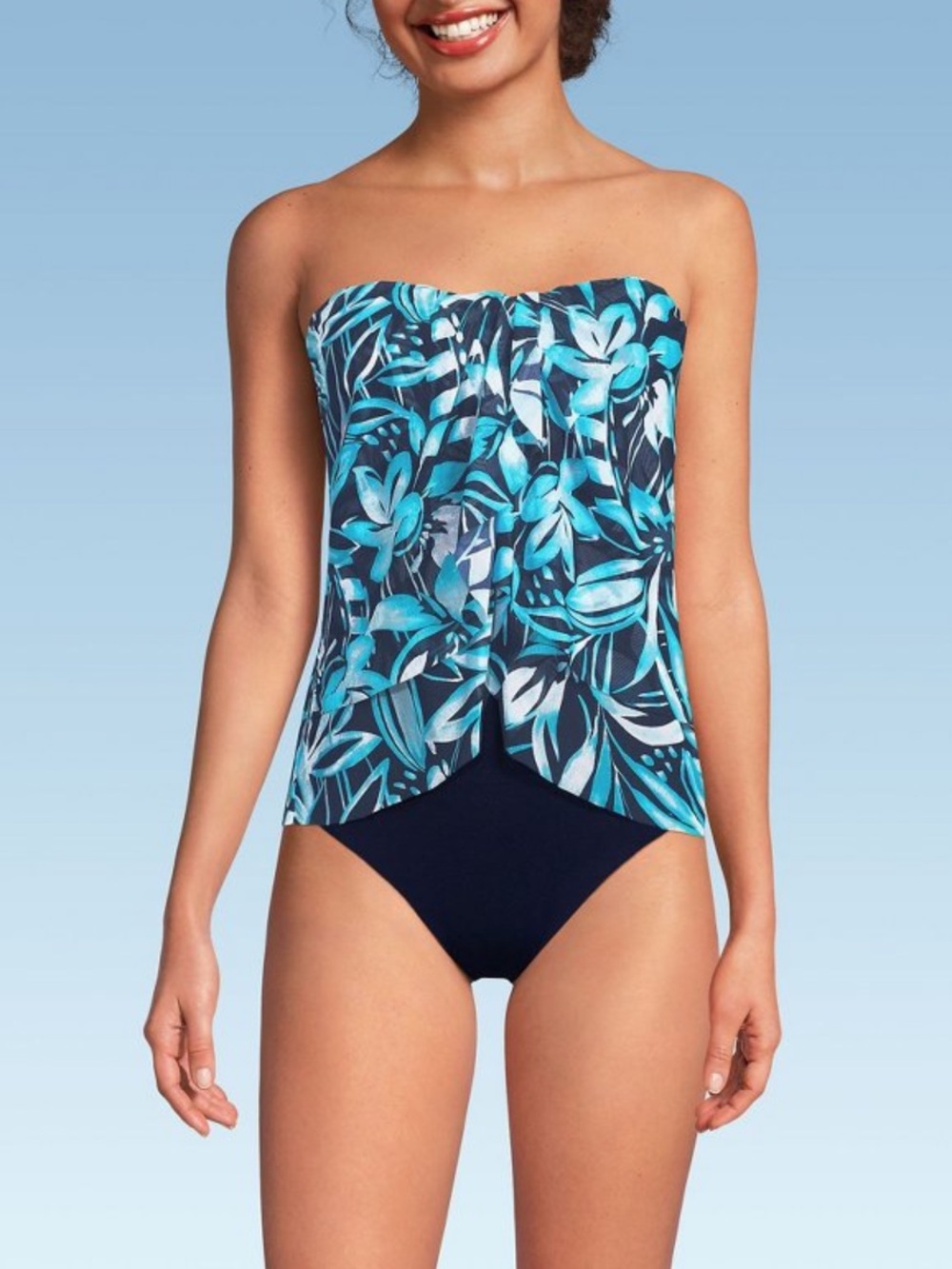 Lands’ End Fauxkini One Piece Swimsuit 12 Deep Sea Navy Floral Bandeau Mesh NWT